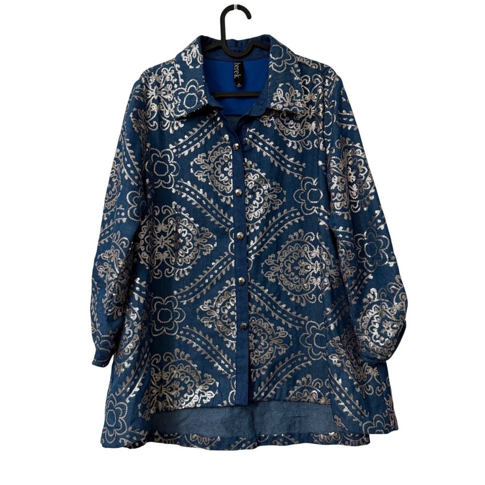 Berek Studio Blue Chambray Sequin Floral Paisley Long Sleeve Button Shirt Medium